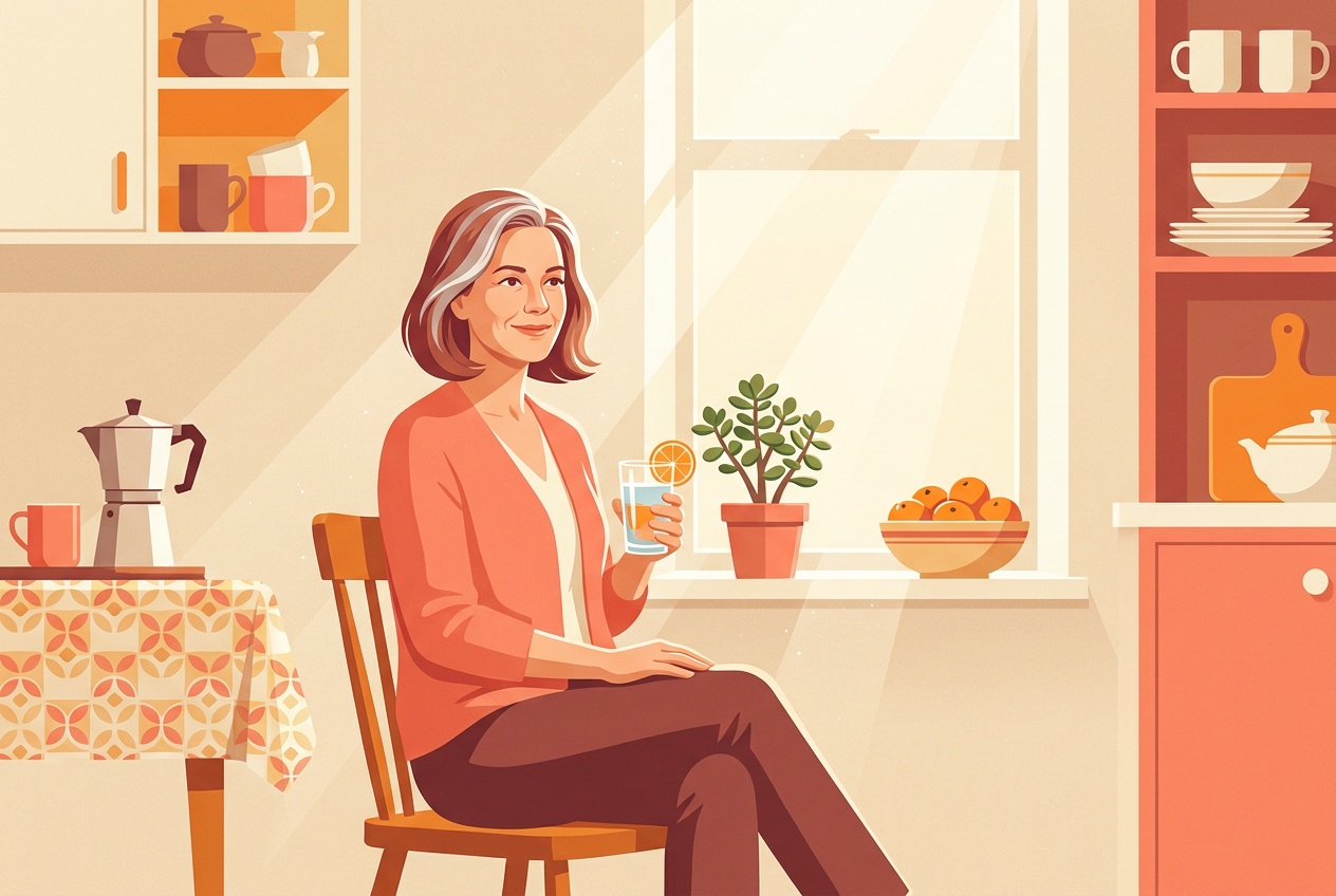 Illustration of a woman in her 40s enjoying a calm morning routine